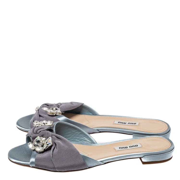 Pre Owned Miu Miu Light Blue Satin And Canvas Knot Crystal Embellished Slide Sandals Size 38