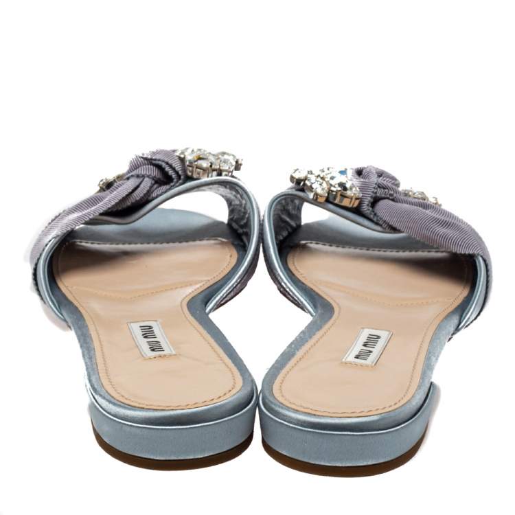 Pre Owned Miu Miu Light Blue Satin And Canvas Knot Crystal Embellished Slide Sandals Size 38