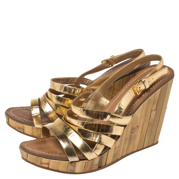 Pre Owned Miu Miu Gold Leather Panel Bamboo Wedge Sandals Size 40