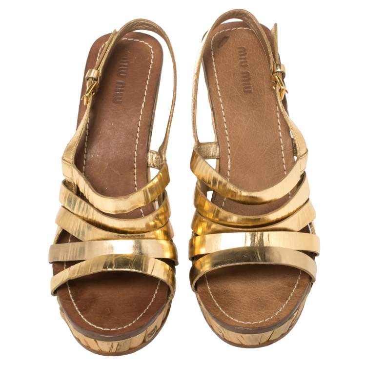 Pre Owned Miu Miu Gold Leather Panel Bamboo Wedge Sandals Size 40