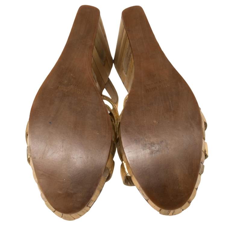 Pre Owned Miu Miu Gold Leather Panel Bamboo Wedge Sandals Size 40