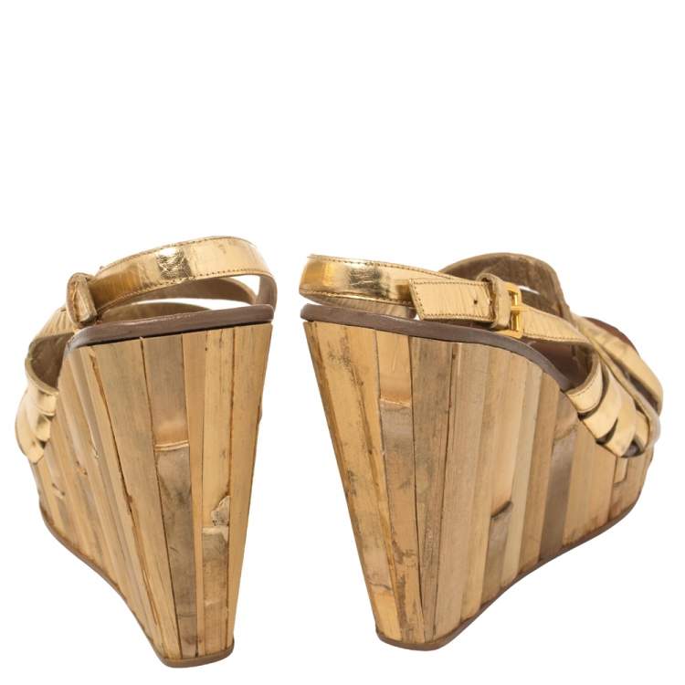 Pre Owned Miu Miu Gold Leather Panel Bamboo Wedge Sandals Size 40