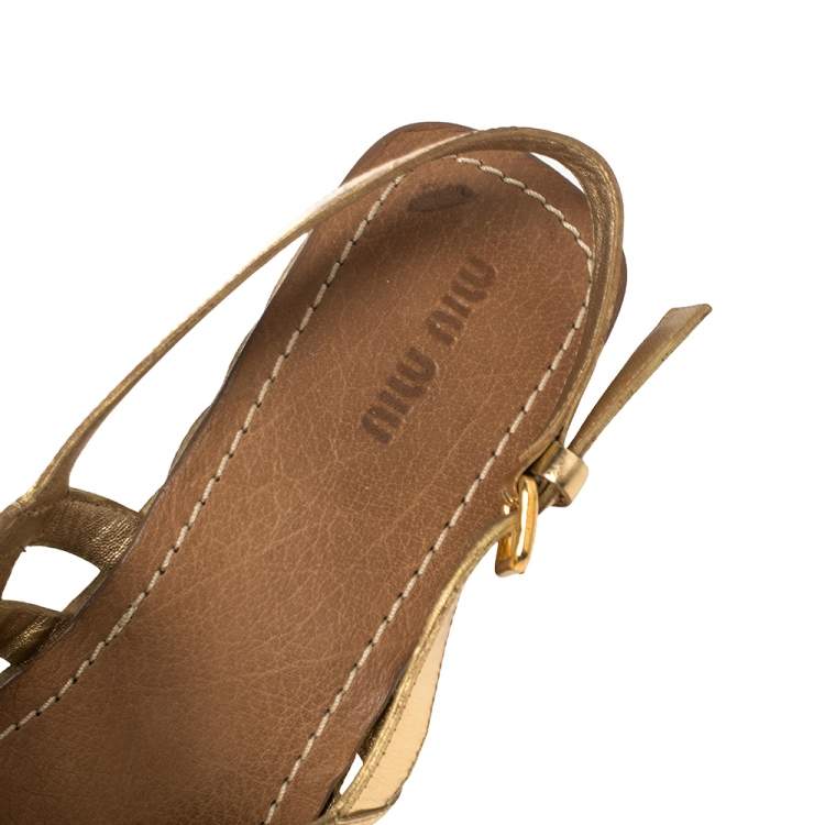 Pre Owned Miu Miu Gold Leather Panel Bamboo Wedge Sandals Size 40