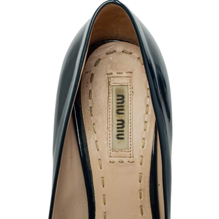 Pre Owned Miu Miu Navy Blue Patent Leather Bow Pumps Size 39