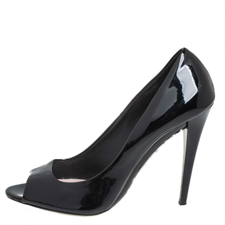 Pre Owned Miu Miu Black Patent Leather Crystal Embellished Pumps Size 37.5