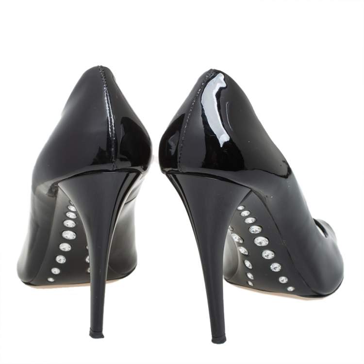 Pre Owned Miu Miu Black Patent Leather Crystal Embellished Pumps Size 37.5