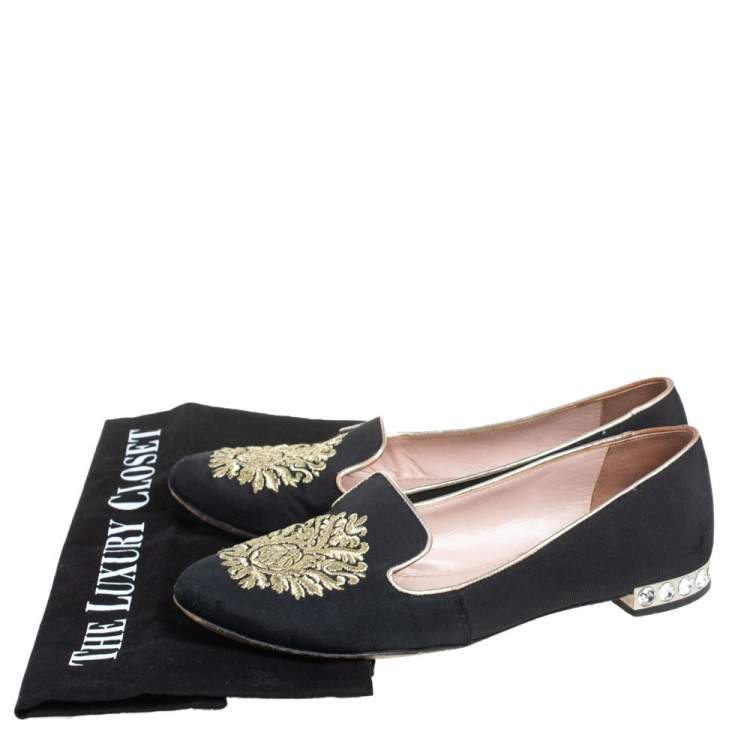 Pre Owned Miu Miu Black Canvas Embroidered Crystal Embellished Smoking Slippers Size 36