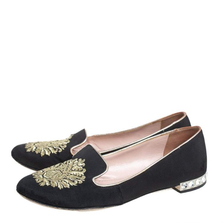 Pre Owned Miu Miu Black Canvas Embroidered Crystal Embellished Smoking Slippers Size 36