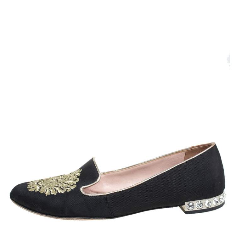 Pre Owned Miu Miu Black Canvas Embroidered Crystal Embellished Smoking Slippers Size 36