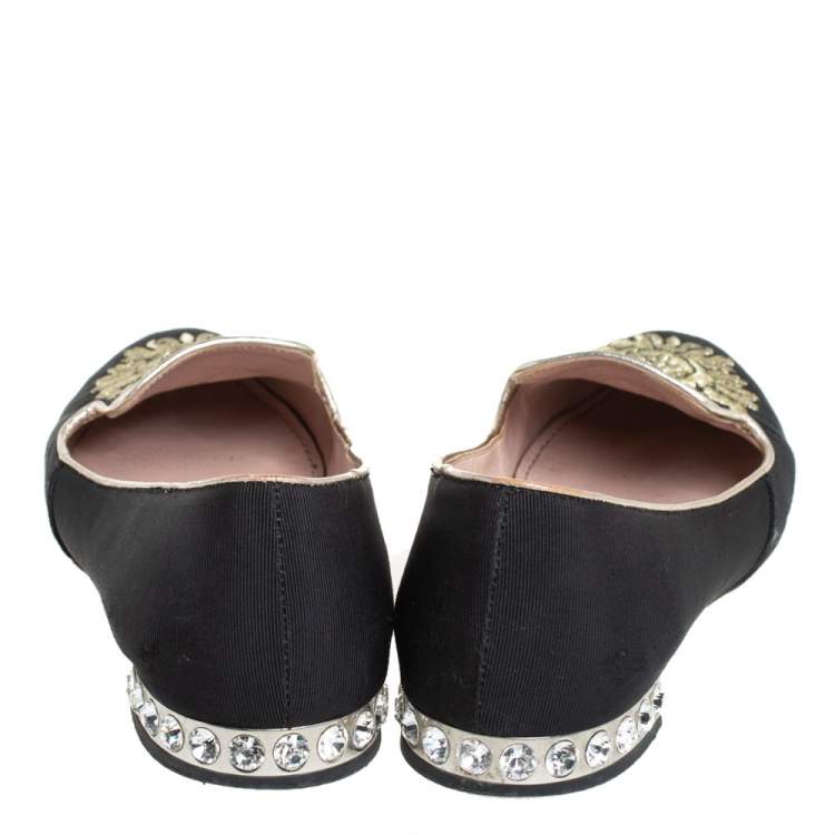 Pre Owned Miu Miu Black Canvas Embroidered Crystal Embellished Smoking Slippers Size 36