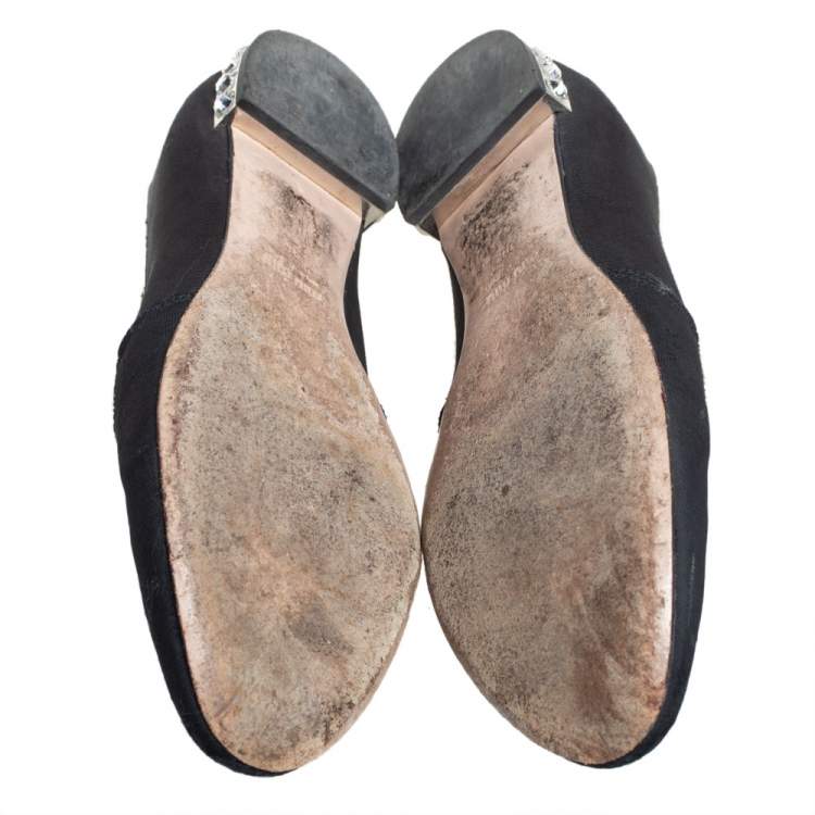 Pre Owned Miu Miu Black Canvas Embroidered Crystal Embellished Smoking Slippers Size 36