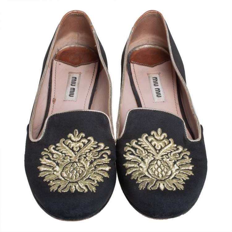 Pre Owned Miu Miu Black Canvas Embroidered Crystal Embellished Smoking Slippers Size 36