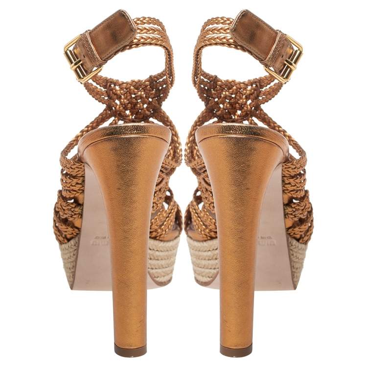 Pre Owned Miu Miu Gold Leather Block Heel Espadrille Platform Sandals Size 36