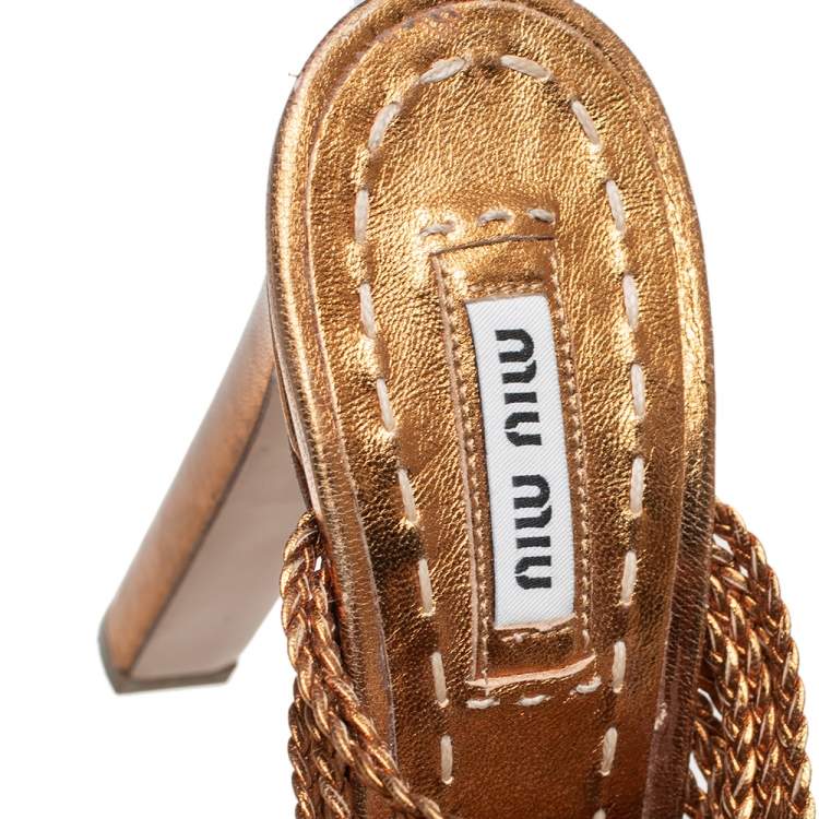 Pre Owned Miu Miu Gold Leather Block Heel Espadrille Platform Sandals Size 36
