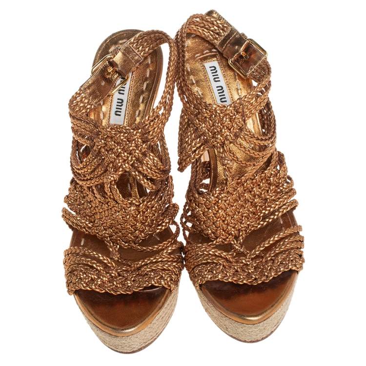 Pre Owned Miu Miu Gold Leather Block Heel Espadrille Platform Sandals Size 36