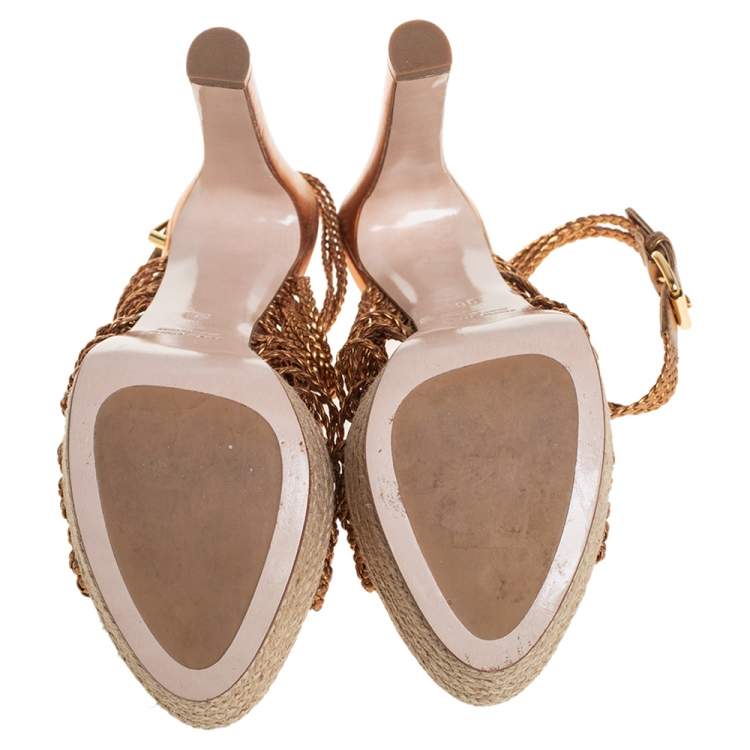 Pre Owned Miu Miu Gold Leather Block Heel Espadrille Platform Sandals Size 36