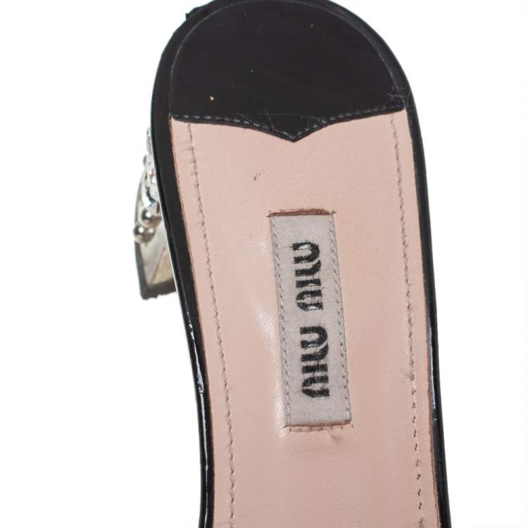 Pre Owned Miu Miu Black Patent Leather Crystal Embellishment Mule Sandals Size 37