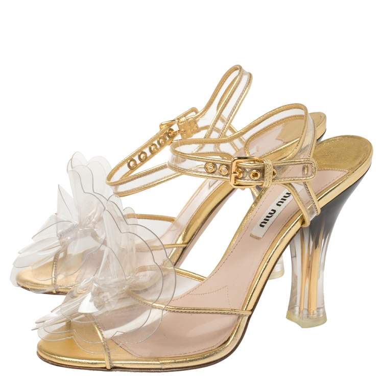 Pre Owned Miu Miu Gold PVC And Leather Vinyl Floral Embellished Sandals Size 37.5
