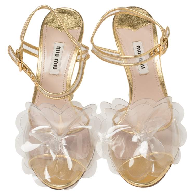 Pre Owned Miu Miu Gold PVC And Leather Vinyl Floral Embellished Sandals Size 37.5