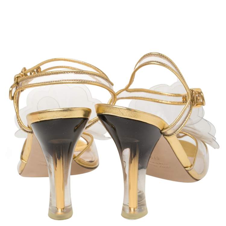 Pre Owned Miu Miu Gold PVC And Leather Vinyl Floral Embellished Sandals Size 37.5