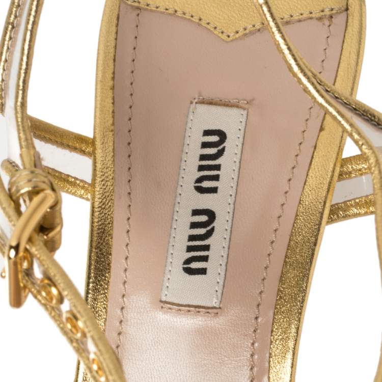 Pre Owned Miu Miu Gold PVC And Leather Vinyl Floral Embellished Sandals Size 37.5