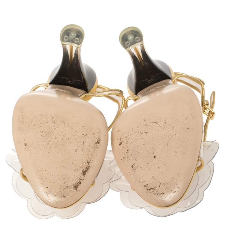 Pre Owned Miu Miu Gold PVC And Leather Vinyl Floral Embellished Sandals Size 37.5