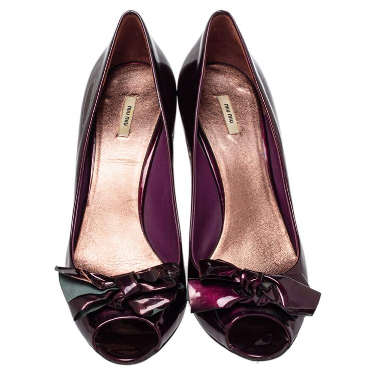 Pre Owned Miu Miu Burgundy Patent Leather Peep Toe Pumps Size 40