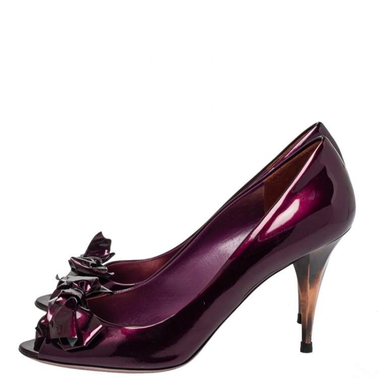 Pre Owned Miu Miu Burgundy Patent Leather Peep Toe Pumps Size 40