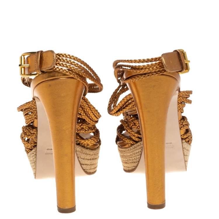 Pre Owned Miu Miu Gold Woven Leather Strappy Platform Espadrille Sandals Size 38