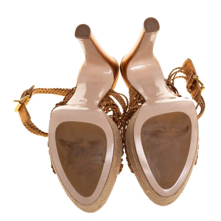 Pre Owned Miu Miu Gold Woven Leather Strappy Platform Espadrille Sandals Size 38