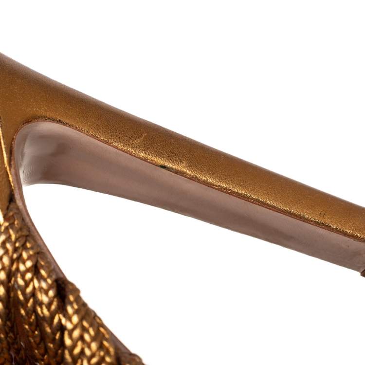 Pre Owned Miu Miu Gold Woven Leather Strappy Platform Espadrille Sandals Size 38