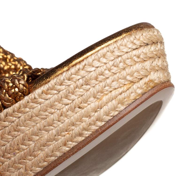 Pre Owned Miu Miu Gold Woven Leather Strappy Platform Espadrille Sandals Size 38
