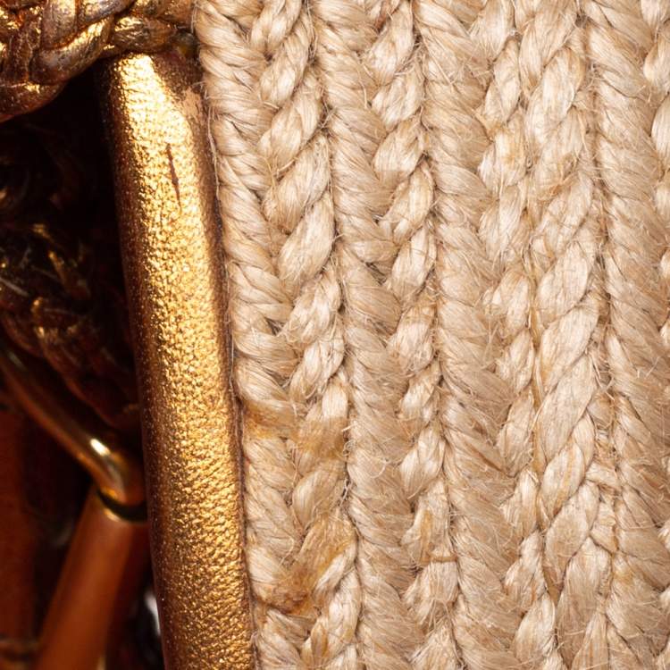 Pre Owned Miu Miu Gold Woven Leather Strappy Platform Espadrille Sandals Size 38