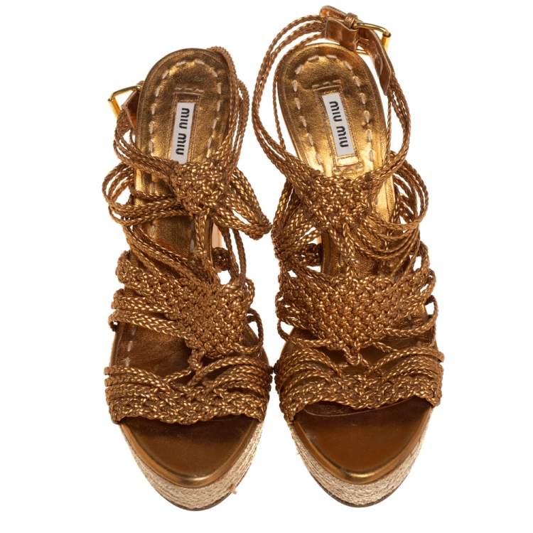 Pre Owned Miu Miu Gold Woven Leather Strappy Platform Espadrille Sandals Size 38