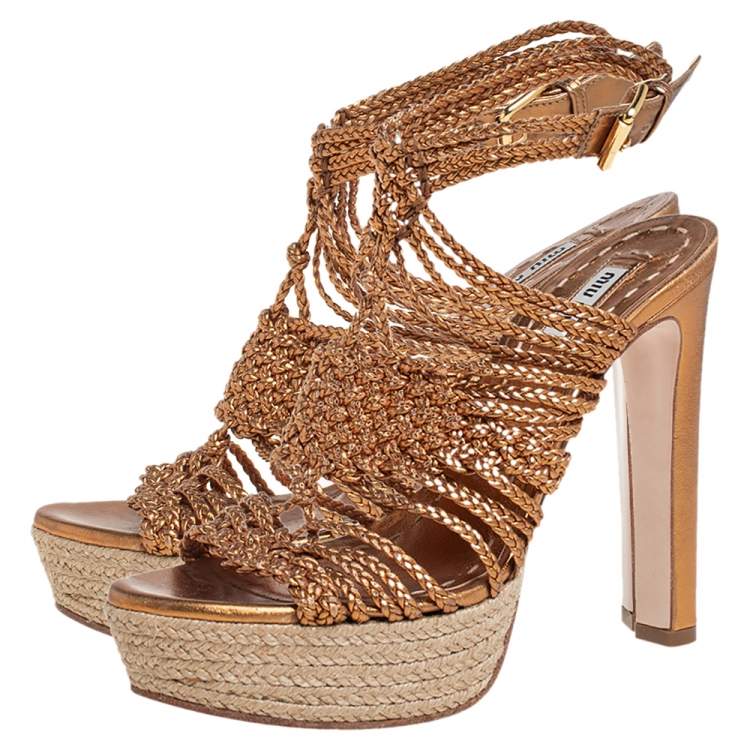 Pre Owned Miu Miu Gold Woven Leather Strappy Platform Espadrille Sandals Size 38