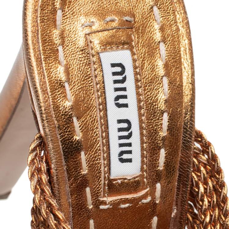 Pre Owned Miu Miu Gold Woven Leather Strappy Platform Espadrille Sandals Size 38
