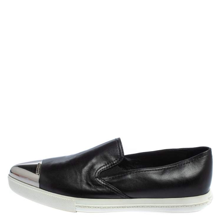 Pre Owned Miu Miu Black Leather Metal Cap Toe Slip On Sneakers Size 37