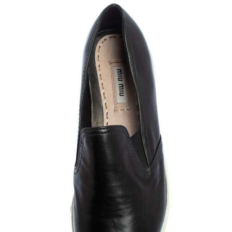 Pre Owned Miu Miu Black Leather Metal Cap Toe Slip On Sneakers Size 37