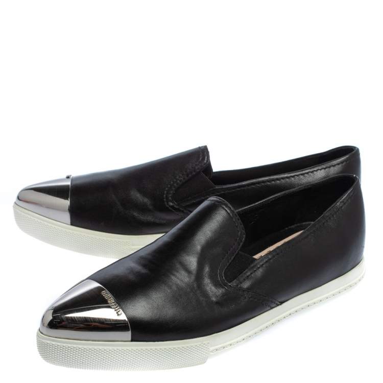 Pre Owned Miu Miu Black Leather Metal Cap Toe Slip On Sneakers Size 37