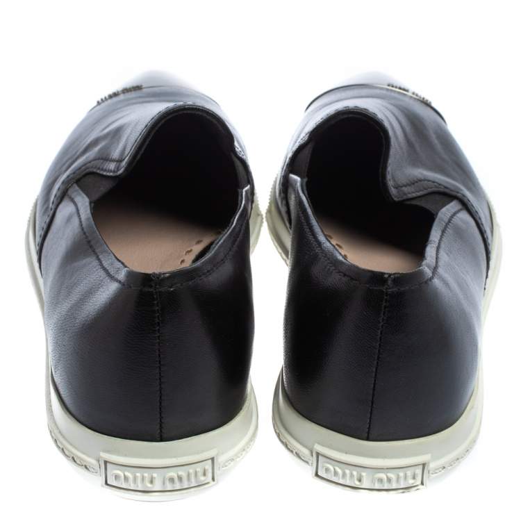 Pre Owned Miu Miu Black Leather Metal Cap Toe Slip On Sneakers Size 37