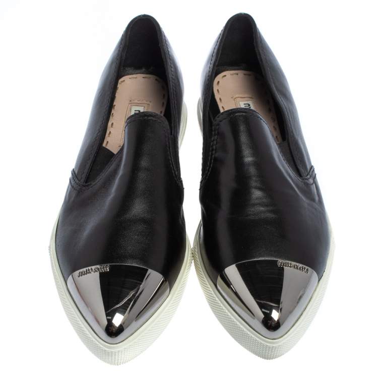 Pre Owned Miu Miu Black Leather Metal Cap Toe Slip On Sneakers Size 37