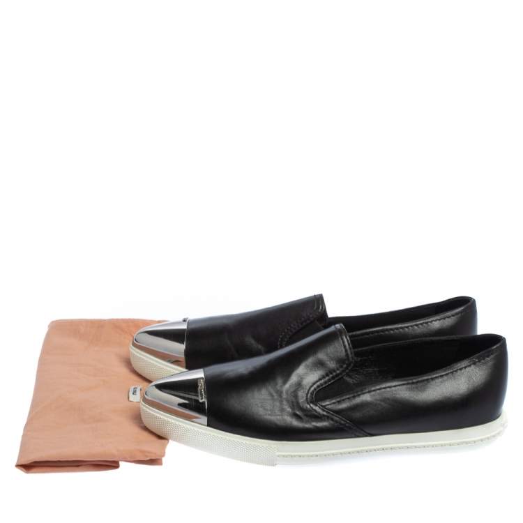 Pre Owned Miu Miu Black Leather Metal Cap Toe Slip On Sneakers Size 37
