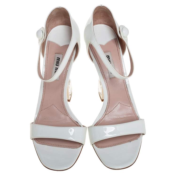 Pre Owned Miu Miu White Patent Leather Crystal Embellished Heel Ankle Strap Sandals Size 37.5