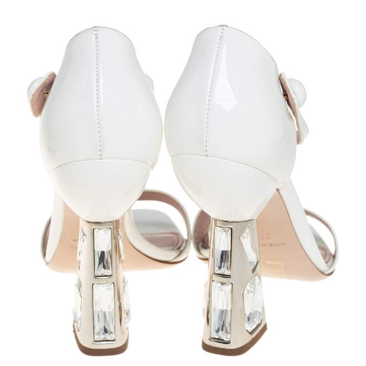 Pre Owned Miu Miu White Patent Leather Crystal Embellished Heel Ankle Strap Sandals Size 37.5