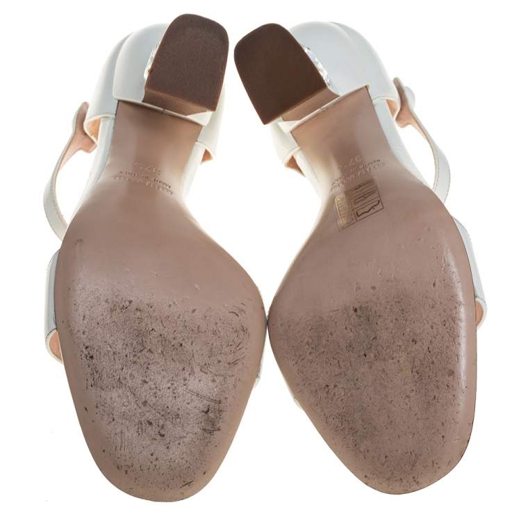 Pre Owned Miu Miu White Patent Leather Crystal Embellished Heel Ankle Strap Sandals Size 37.5