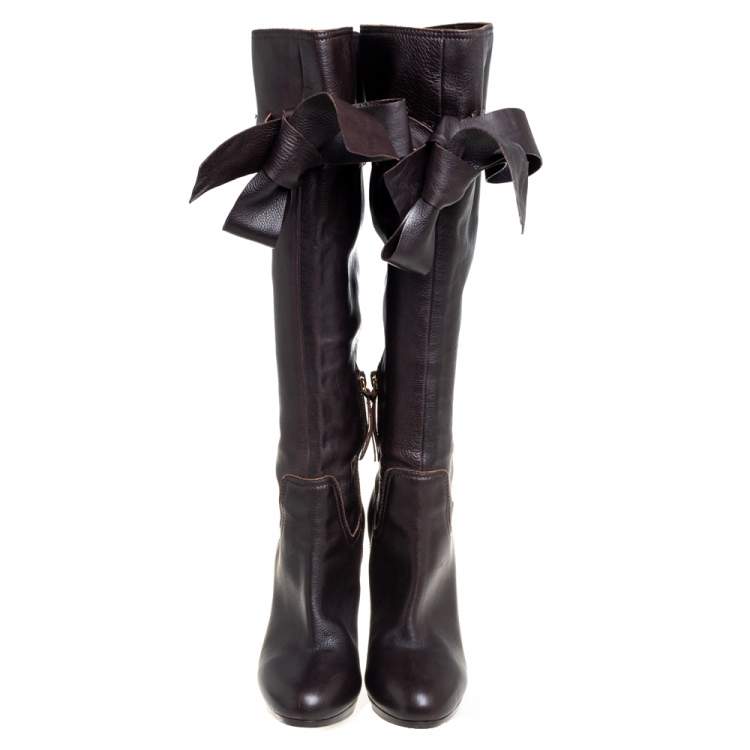Pre Owned Miu Miu Brown Leather Knee High Boots Size 37.5
