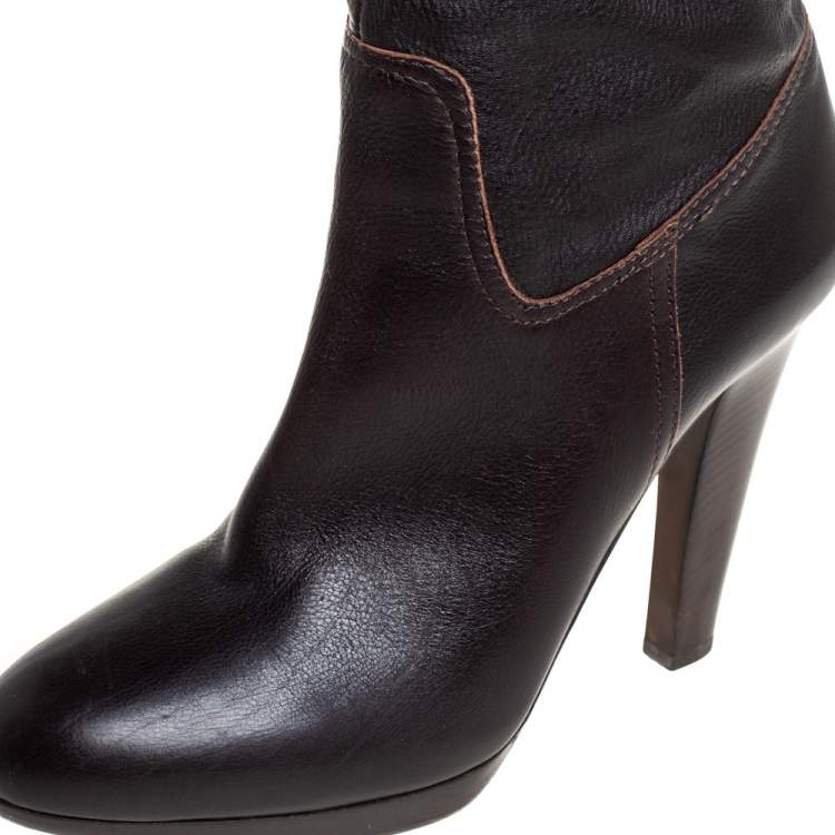Pre Owned Miu Miu Brown Leather Knee High Boots Size 37.5