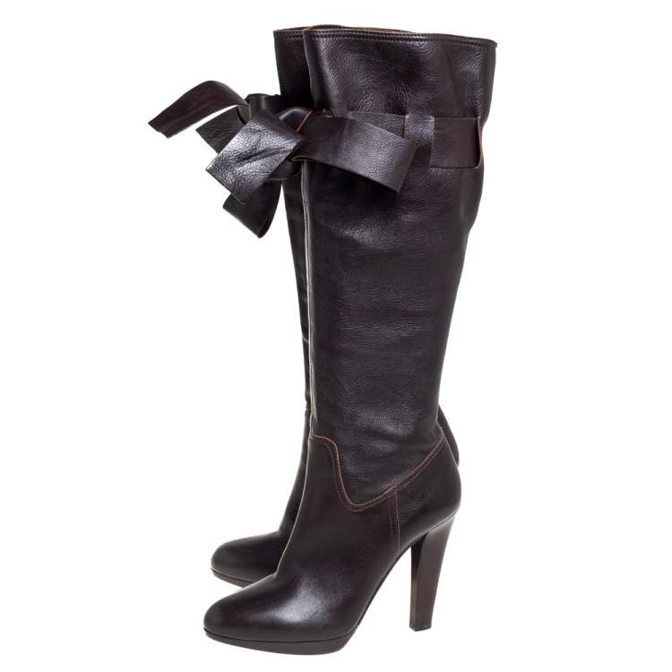 Pre Owned Miu Miu Brown Leather Knee High Boots Size 37.5