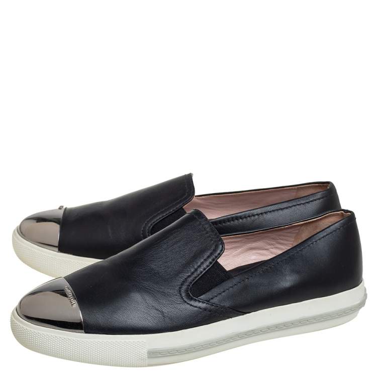 Pre Owned Miu Miu Black Leather Metal Cap Toe Slip On Sneakers Size 38.5 