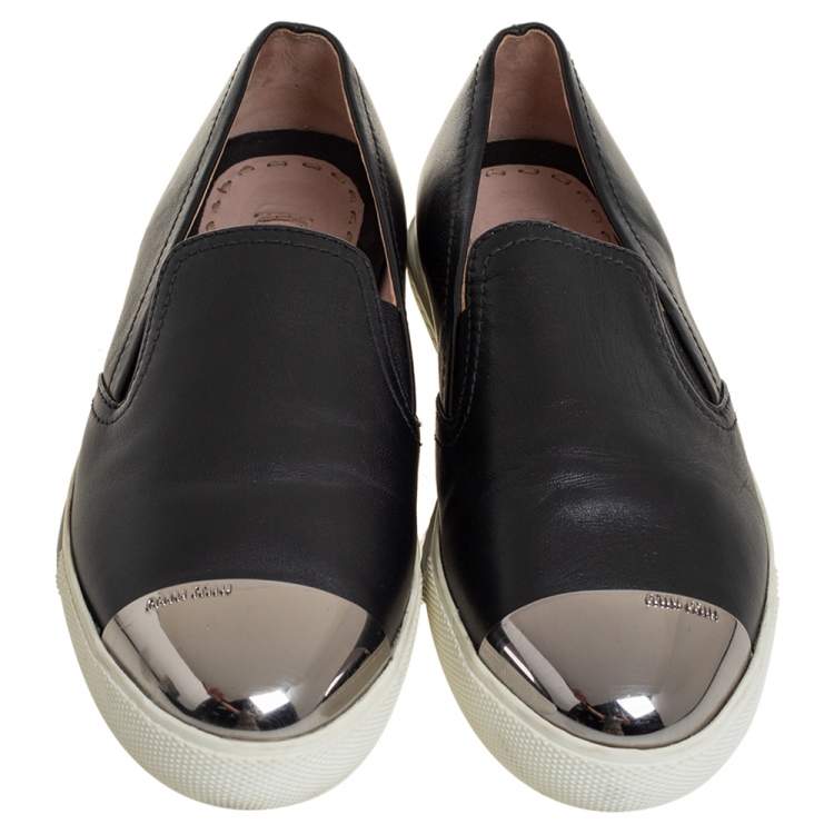 Pre Owned Miu Miu Black Leather Metal Cap Toe Slip On Sneakers Size 38.5 